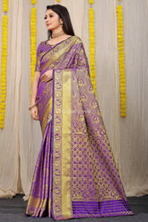 Unveiled Elegance Golden Worked Purple Heavy Banarasi Saree